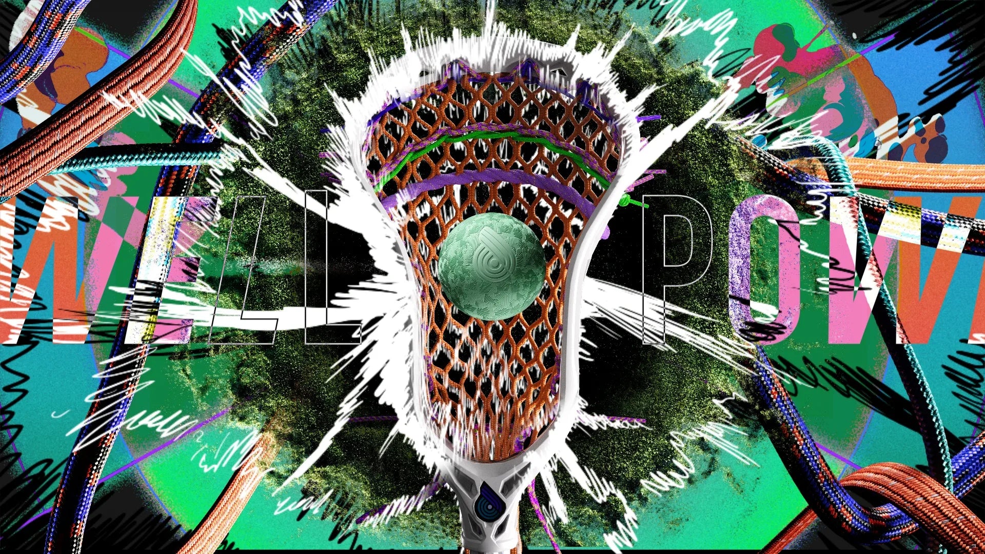 Colorful abstract design with a lacrosse head and Powell wordmark on a green turf themed background